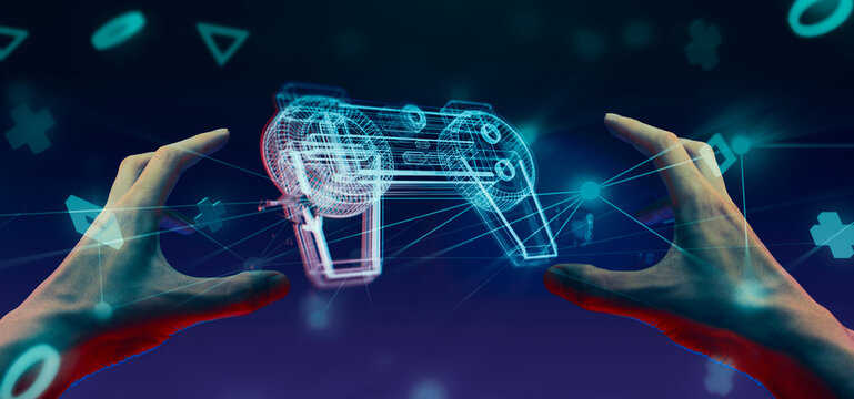 gamer playing the online game with joystick controller in neon glow dark cyberpunk room, gaming and e-sports challenge tournament streaming, streamer with analog device in living house