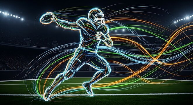 A glowing, neon-outlined American football player throwing a ball with colorful light trails in a dark stadium at night.