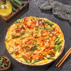 Pajeon is a typical Korean savory pancake made from flour dough, spring onions, and various seafood.