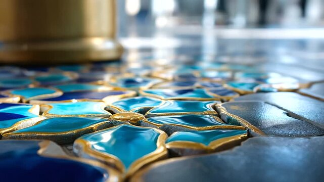 Defocused detail of mosaic tiles forming floral arabesque patterns in turquoise and gold, soft depth of field, with copy space.