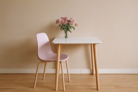 Wooden table and chairs. White room wall. Template. Warm light. Dining furniture set. Home interior. Natural oak wood dining table, vase with flowers and chairs in neutral modern design house.