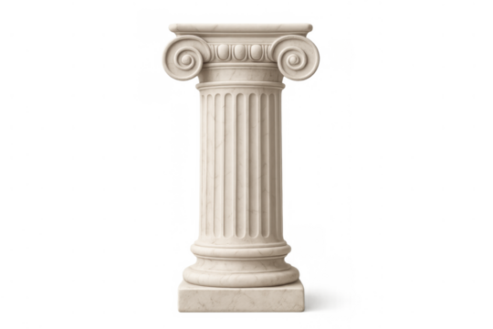 Ionic column showcasing ancient greek architecture. Element featuring fluted shaft and scroll volutes, isolated on transparent background