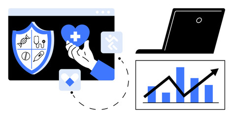 Hand holding a heart icon, health shield, laptop screen, and rising graph with bars highlight healthcare and technology integration. Ideal for innovation, medical data, success, progress, online