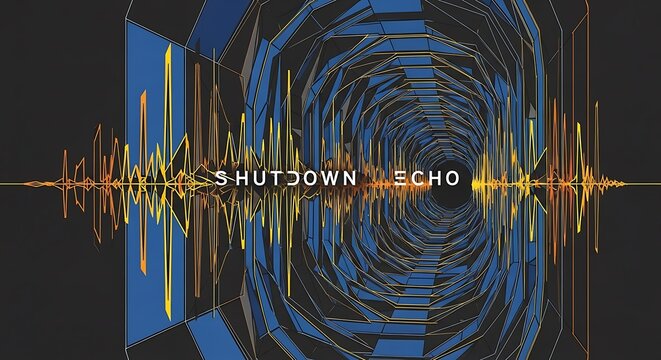 A futuristic digital tunnel with a vibrant sound wave graphic and "SHUTDOWN ECHO" text.