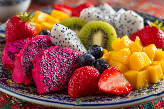 Vibrant assorted tropical fruit platter featuring sliced dragon fruit, kiwi, mango, strawberries, and blueberries on an ornate decorative plate - Powered by Adobe