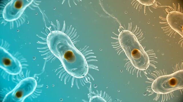 Bacterium and microbe drift and swim across cell surfaces. Flagellum propel cell structure. Microscope view reveals dense culture and layered motion. Research notes capture motion for analysis.
