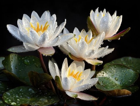 Cluster of White Water Lilies with Bright Yellow Stamens and Dew-Kissed Petals Amidst Lush Green Lily Pads Against a Dark Background
