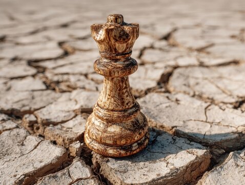 Elegant Wooden Chess Piece on Parched Ground: Front View of Light-Colored Chess Queen Standing Firmly on Dry, Cracked Soil, Evoking Strength and Determination in Harsh Conditions