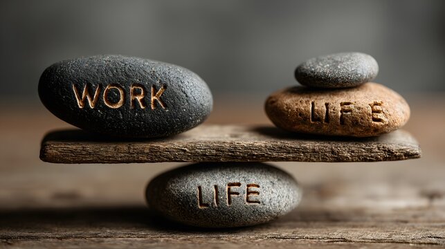 Conceptual photo representing work-life balance, with two stacks of smooth stones on a wooden plank. One stone is engraved with "WORK" and the other with "LIFE", perfectly balanced.
