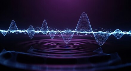 A vibrant blue abstract sound wave pattern reflecting on a rippled purple surface, illustrating digital audio or scientific data visualization.