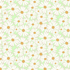 White daisies on a green field.Vector seamless pattern with daisies on a colored background.