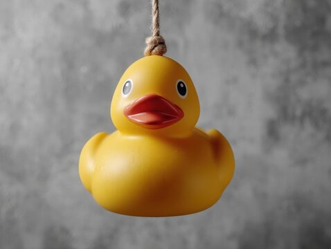 Hanging Rubber Duck on Rope Against Textured Gray Wall, Playful Yellow Toy Suspended in Minimalist Studio Setting, Childhood Nostalgia Home Decor