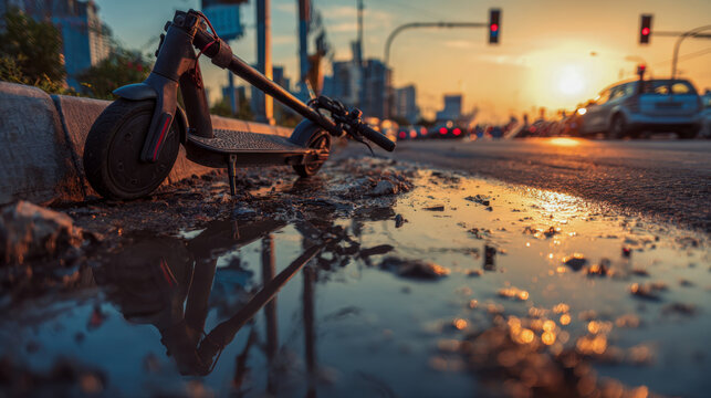 Electric scooter parked on a wet urban street curb during sunset with vibrant reflections and city traffic lights in the background