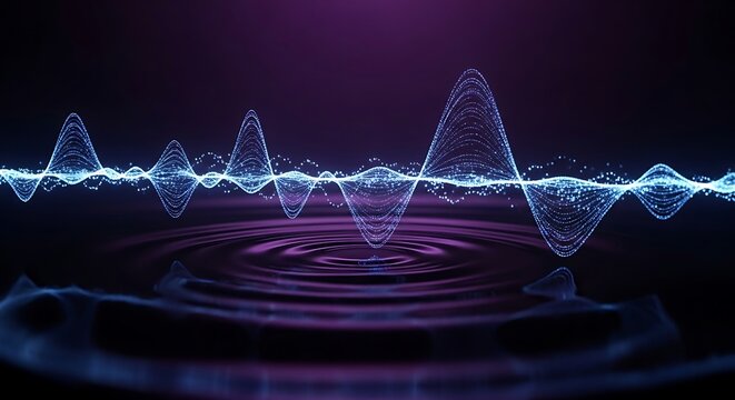 A vibrant blue abstract sound wave pattern reflecting on a rippled purple surface, illustrating digital audio or scientific data visualization. - Powered by Adobe
