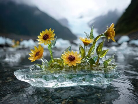 Glass Sunflowers Sculpture Arrangement on Icy River Water Glacier Background Outdoor Artistic Display