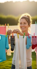 Woman hanging laundry clothes on clothesline outdoor in backyard on sunny day lifestyle domestic chores