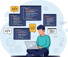 Focused male programmer coding software on a laptop, surrounded by multiple screens displaying programming languages, illustrating modern tech work, digital innovation, and efficient problem-solving. 