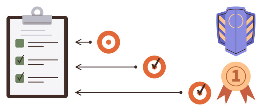 Clipboard with checklist, targets with checkmarks, arrows indicating progress, and achievement symbols thumbs up a badge and trophy. Ideal for goals, productivity, achievements, planning, evaluation