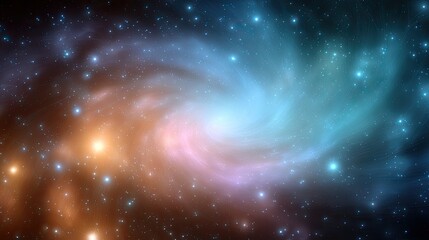 Naklejka premium Vast Cosmic Swirl in Deep Space with Vibrant Star Clusters and Nebulae Displaying Stunning Colors of Blue, Pink, and Orange in a Galactic Background