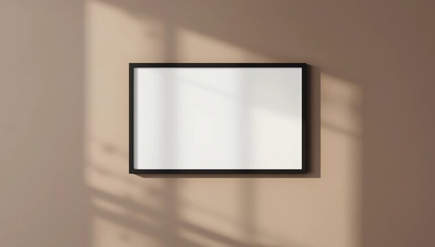 Boho gray empty wall with one picture frame background. Light modern japanese nature view. 3d rendering. High quality 3d illustration.