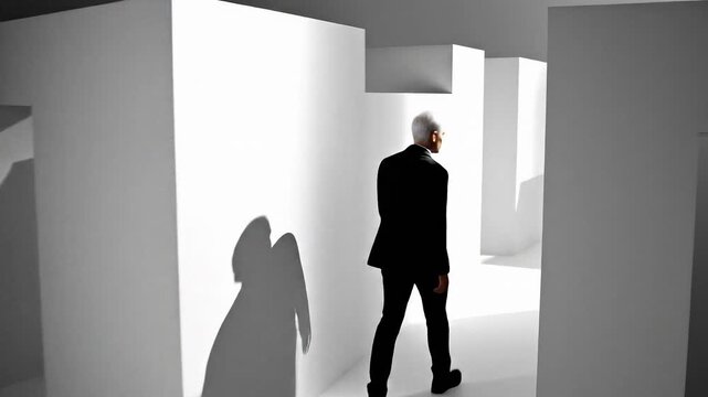 A man in a black suit walks among the white geometric blocks of a labyrinth. The minimalist decor creates a sense of exploration and intrigue as he navigates the area.