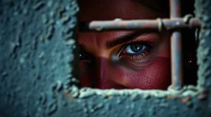 A woman behind bars in prison looks out of a small window