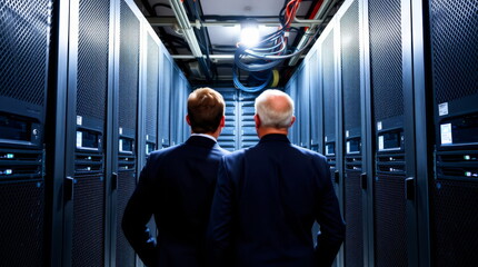 A gray-haired businessman stands with his back to a colleague in a data center.