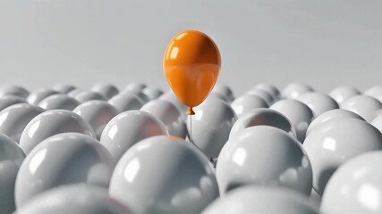 Orange balloon rising above a field of white balloons, representing creativity, difference, and standing out.