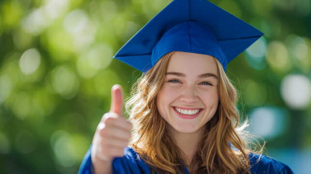 Happy young woman wearing blue graduation cap and gown outside showing thumbs up with a joyful smile and bright natural background in springtime celebration - Powered by Adobe