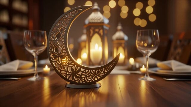 A warm, elegant Ramadan table setting featuring a decorative crescent lantern glowing among candles and glassware in a softly lit ambiance.