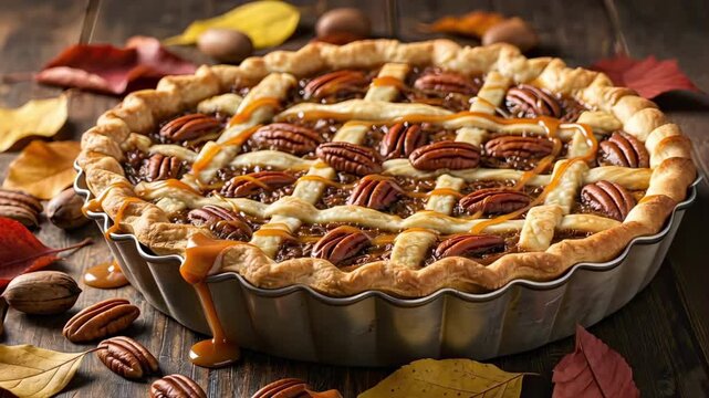 Freshly baked pecan pie with caramel drizzle and autumn leaves for thanksgiving celebration