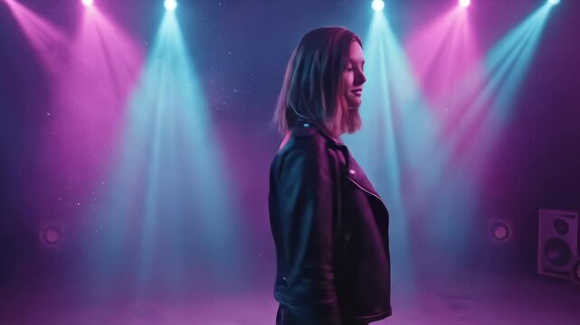 woman on stage under spotlight and colored lighting. jacket seen from back with hair falling over collar. speaker and fog frame performance. color beam in purple and blue. magenta haze layers glow.