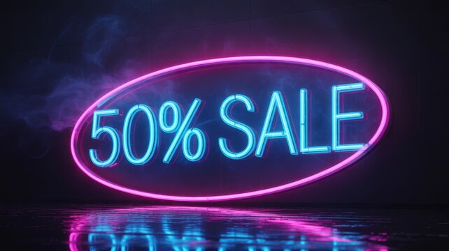50 percent sale neon sign with smoke and reflections discount promotion