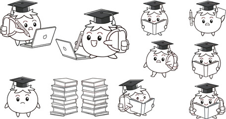 Cartoon academic character set, graduation cap book laptop pencil, student study concept art, cad drawing flat vector illustration