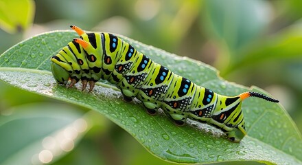 Swallowtail caterpillar resting on a green leaf in natural light.
