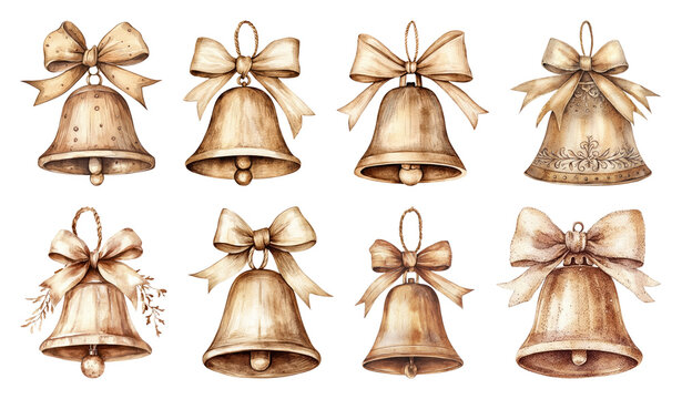 PNG Vintage festive bells with bows, element set on transparent background