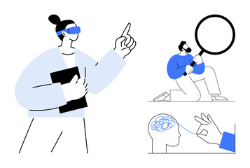 Professional analyzing concepts, researcher with a magnifying glass, brain with tangled lines and clarity gesture. Ideal for creativity, research, innovation, mental health, focus, strategy