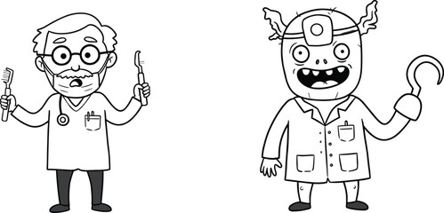 Cartoon dentist, scary doctor, medical characters, toothbrush tool, hook hand, funny illustration, black vector, flat design, cad drawing, healthcare humor