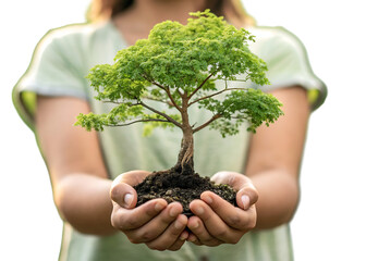 Person holding a small green tree in their hands isolated on transparent background