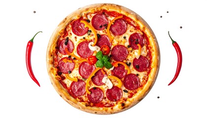 Top-down view of a pepperoni pizza with toppings and red peppers. White background, fresh, vibrant colors