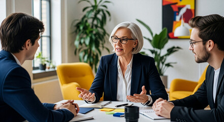 Older woman mentoring young creative professionals in startup workspace