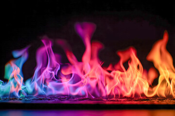 Vibrant multicolored flames glowing in shades of blue, purple, pink, red, and orange against a black background creating a mesmerizing fiery display