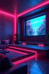 AI Generative. Cyberpunk Home Theater Room with Neon Pink and Blue Lighting. 10