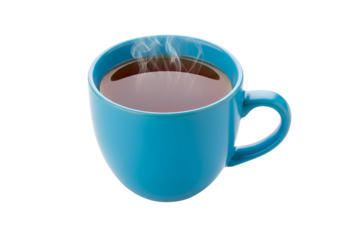 A vibrant cyan coffee cup, steaming hot, holds a dark brown beverage against a stark black backdrop.