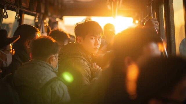 Young Asian man gazing thoughtfully amidst crowded bus passengers during golden hour sunset glow