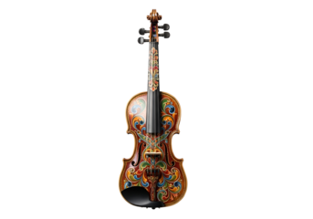 Ornate violin showcasing intricate, colorful decorative patterns against a stark black background.