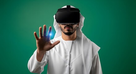 Saudi Man Using Virtual Reality Headset on Green Screen Background