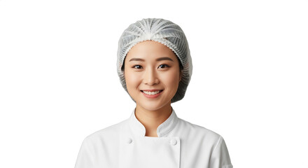 Smiling East Asian woman, 25-29, pastry chef apprentice in white baker's coat, hairnet, isolated on transparent background. Ideal for culinary training, bakery ads, career development, food blogs,