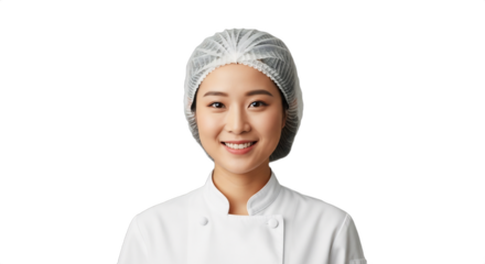 Smiling East Asian woman, 25-29, pastry chef apprentice in white baker's coat, hairnet, isolated on transparent background. Ideal for culinary training, bakery ads, career development, food blogs,