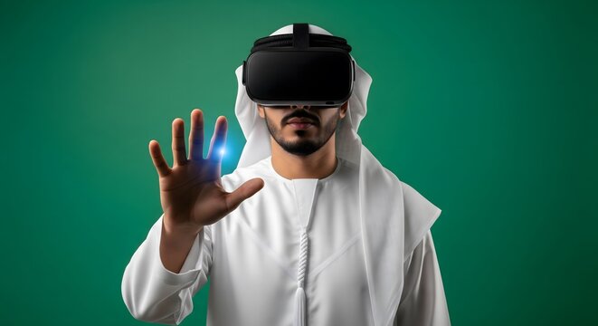 Saudi Man Using Virtual Reality Headset on Green Screen Background